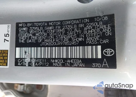2009 Toyota Prius from USA, damaged, VIN JTDKB20UX97852457